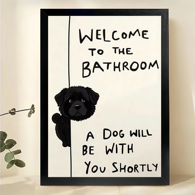 Funny Peeking Black Dog Bathroom Wall Art – Welcome Quote Framed Canvas Print | W2519