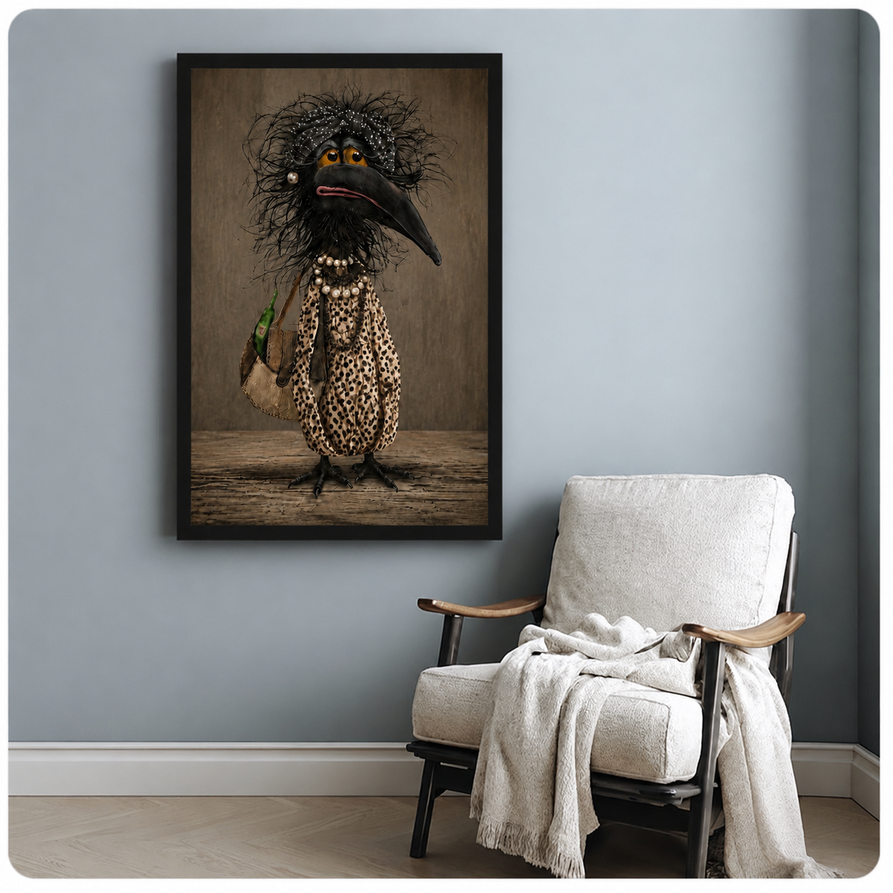 Eccentric crow lady with wild hair and pearl necklace — quirky bird framed wall art above armchair in blue-grey room