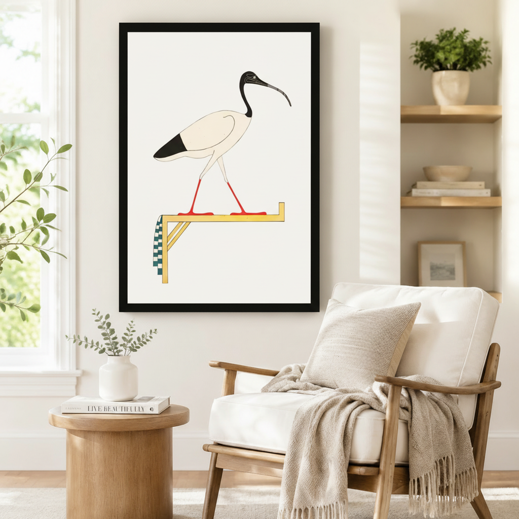 Framed minimalist ancient Egyptian ibis illustration with red legs on golden stand and teal checkered detail displayed beside a white armchair in a Scandinavian reading corner