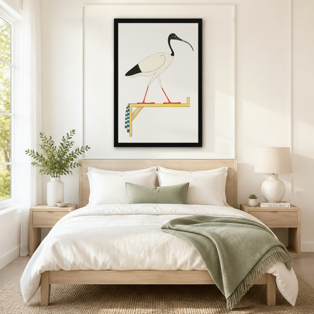  Framed ancient Egyptian ibis bird on golden checkered perch minimalist art print hung above a light wood bed in a serene neutral Scandinavian bedroom