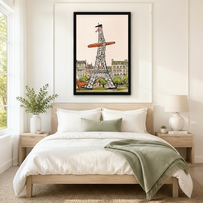 Playful Eiffel Tower baguette character framed canvas art hung above a neutral linen bed in a minimalist Scandinavian bedroom