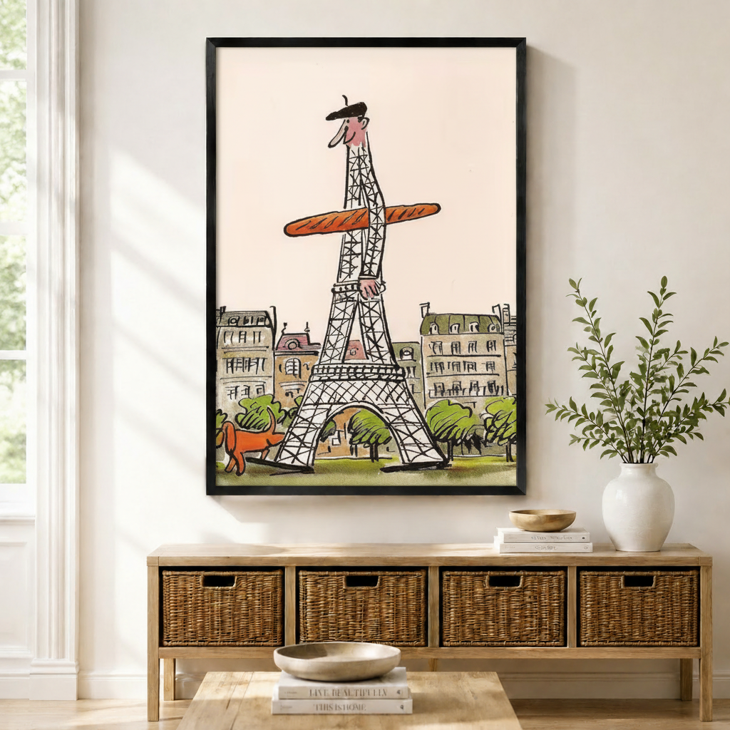 Whimsical Eiffel Tower man holding a baguette framed canvas wall art displayed above a rattan console table in a bright entryway