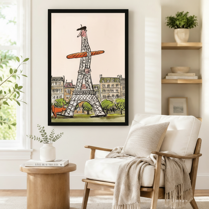 Quirky Eiffel Tower baguette illustration framed wall art styled above a linen armchair in a Scandinavian-inspired reading corner