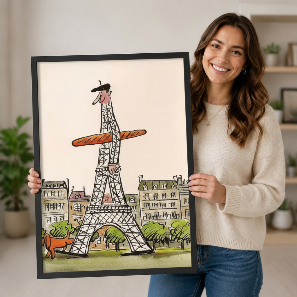 Woman holding large framed Paris wall art print featuring a whimsical Eiffel Tower man with a baguette, shown against a bright home interior