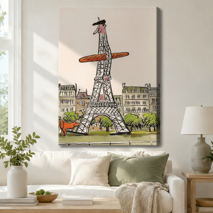 Funny Paris Eiffel Tower character with baguette gallery wrap canvas art hanging above a white sofa in a cozy neutral living room