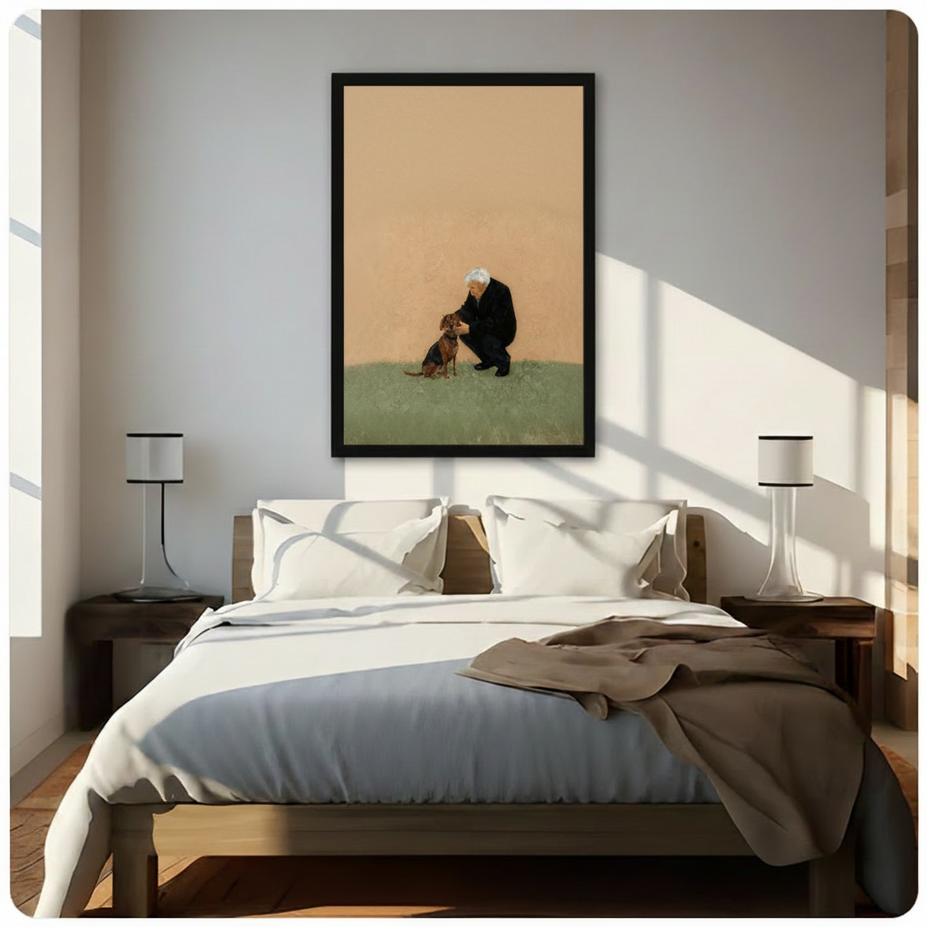 Framed figurative wall art of a white-haired man crouching beside a brown dachshund, hung above a wooden bed in a sunlit minimalist bedroom