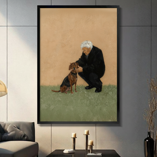 Framed vintage-style oil painting wall art of an elderly man in black crouching to pet a brown dachshund on green grass, displayed in a dark modern living room