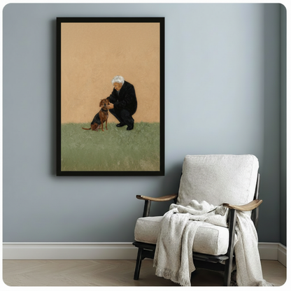 Black-framed art print of an elderly white-haired man gently petting a dachshund on grass, styled above a linen armchair against a soft blue wall