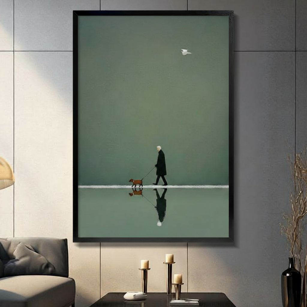 Elderly person in black coat walking brown dog on reflective water surface minimalist illustration in black frame on grey panel wall – white bird olive green background canvas wall art for living room