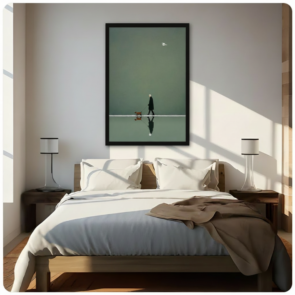 Framed elderly person walking brown dog on reflective water surface minimalist illustration above dark wooden bed in sunlit bedroom – white bird olive green tonal background contemplative canvas wall art for bedroom decor