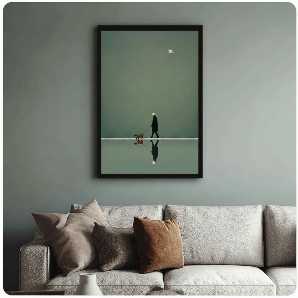 Framed elderly person walking brown dog on still water with reflection minimalist illustration above cream textured sofa on sage green wall – white bird olive green background contemplative canvas wall art for living room decor