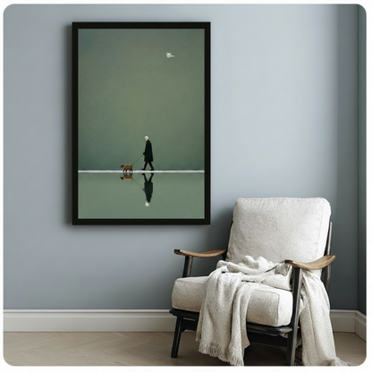 Elderly person in long black coat walking brown dog on reflective water framed minimalist illustration beside wooden armchair with white throw on blue grey wall – white bird olive green canvas art for reading corner