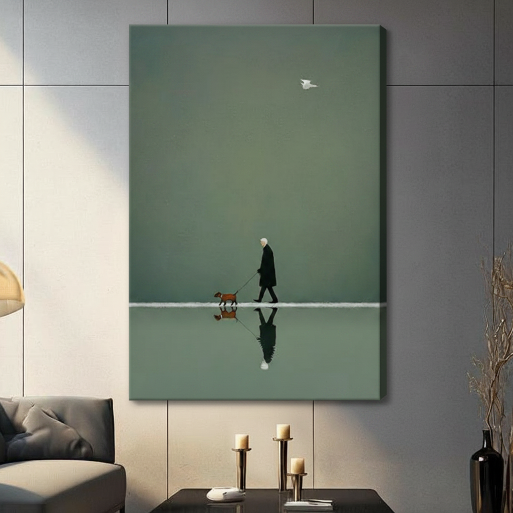 Frameless elderly person in black coat walking brown dog with mirror reflection on water minimalist illustration on grey panel wall – white bird flying olive green tonal background canvas print for contemporary living room