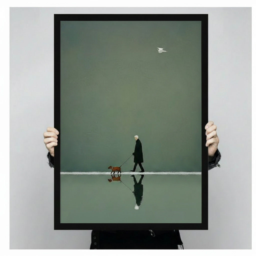 Hands holding framed elderly person in black coat and brown dog walking on still water with mirrored reflection minimalist illustration canvas – olive green tonal background white bird canvas wall art size reference display
