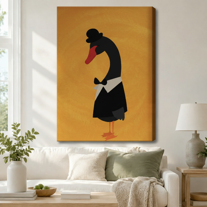 Elegant black swan gentleman in tuxedo gallery wrap canvas art on golden ochre background above white sofa in mid-century modern living room