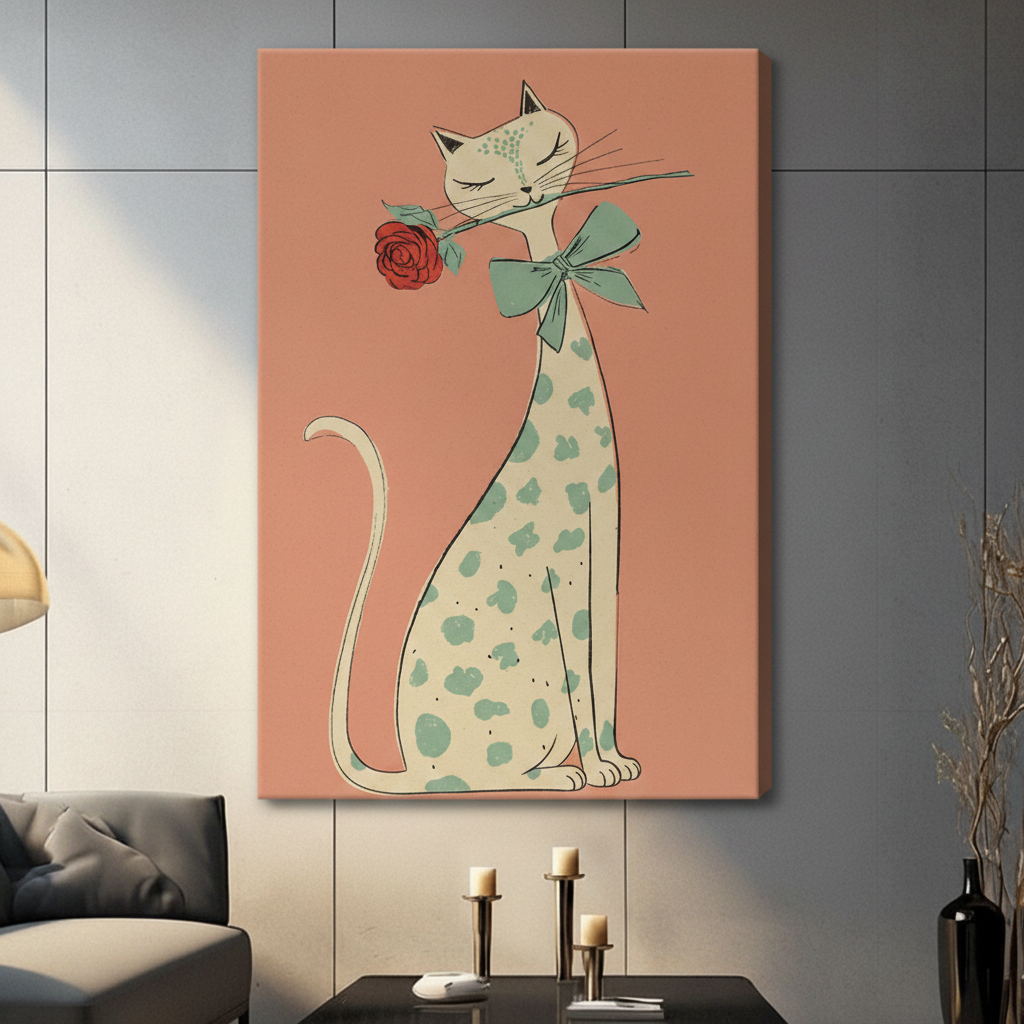 Retro-style cat with rose and green bow canvas wrap art print on peach background, frameless wrap hung on grey wall in living room