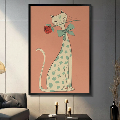 Vintage illustration style wall art print of an elegant spotted cat smelling a red rose with a green bow tie, displayed in black frame on dark grey wall
