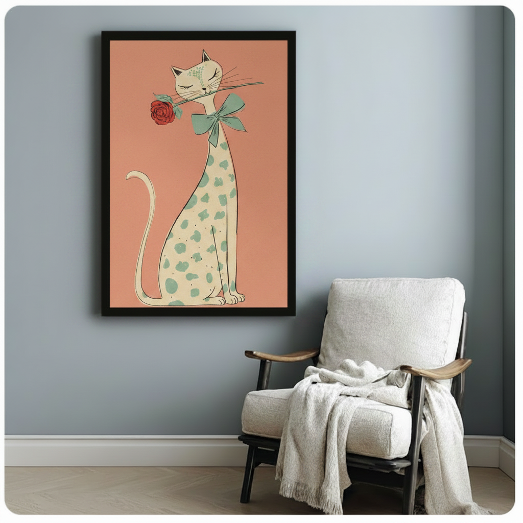 Romantic cat with rose framed art print displayed beside white linen armchair in soft grey reading nook, vintage illustration style