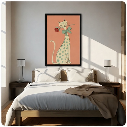 Vintage spotted cat wall art print in black frame hung above wooden bed in sunlit neutral bedroom, romantic rose and bow illustration