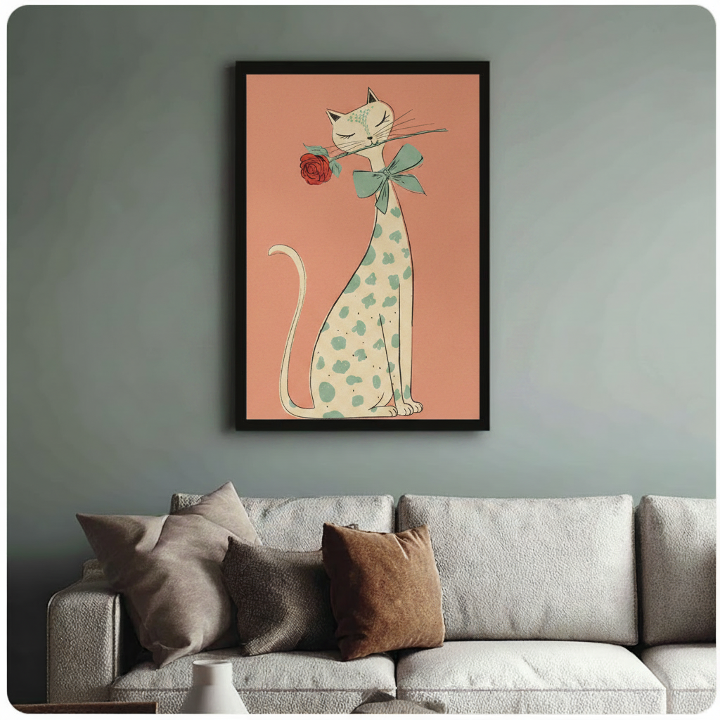 Charming spotted cat wall art in black frame hung above cream textured sofa, peach background with red rose and sage green bow detail