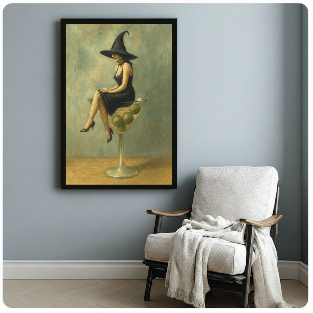 Framed vintage-style wall art print of a witch in a black cocktail dress seated on a large martini glass, hung above an armchair on a soft blue wall