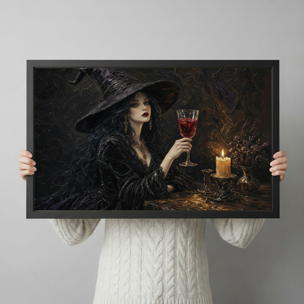 Person holding a black-framed gothic portrait print featuring a mysterious witch with dark lips and wide hat holding a red wine glass in candlelit darkness