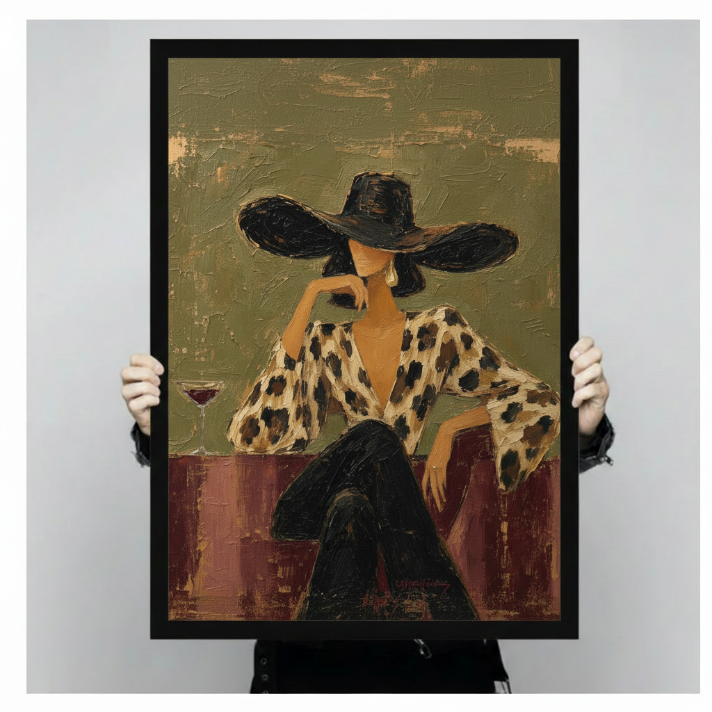 Close-up hand-held view of canvas wall art featuring a glamorous woman in black wide-brim hat and leopard print outfit with red wine glass accent