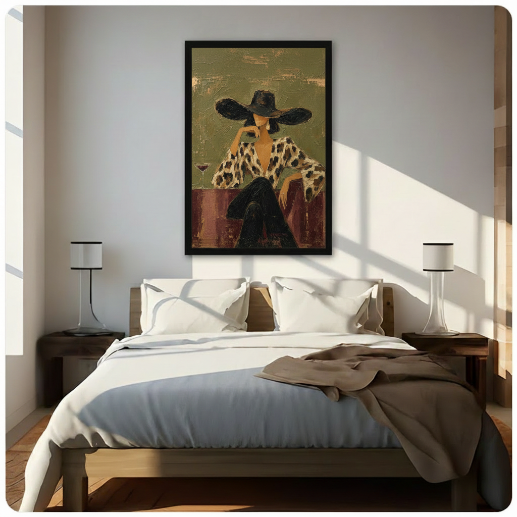 Framed canvas print of an elegant woman in dramatic black hat and leopard blouse hung above bed as statement bedroom wall decor