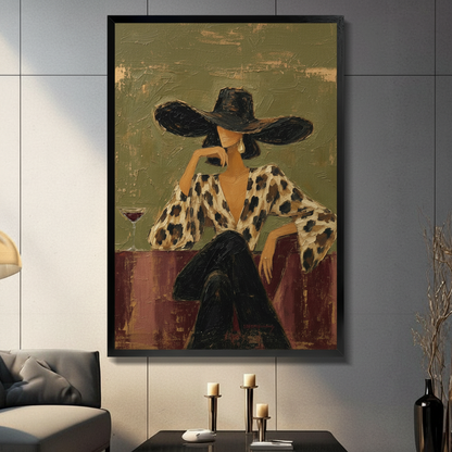 Elegant woman in black wide-brim hat and leopard print blouse framed canvas wall art displayed in moody living room interior