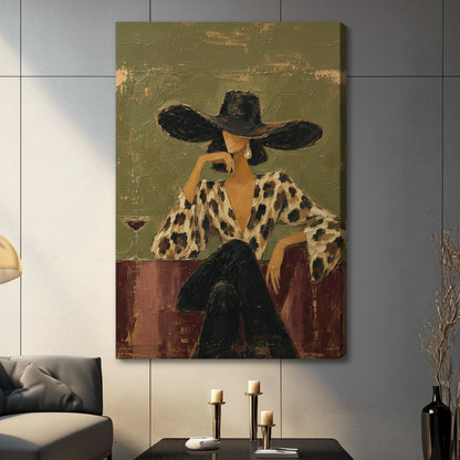Gallery wrapped canvas art of a sophisticated woman in wide-brim hat and animal print dress seated with red wine, dark living room styling