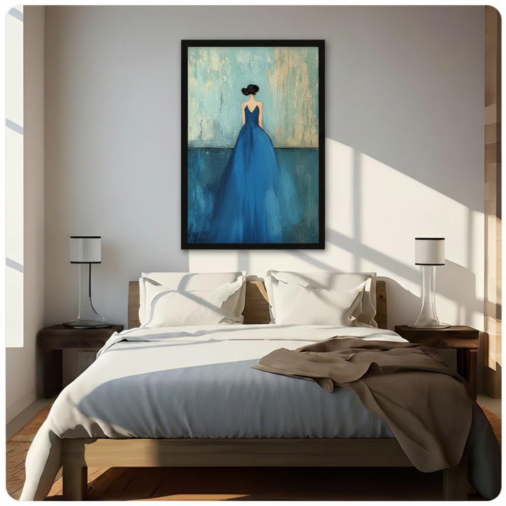 Framed modern minimalist oil painting graceful woman with black updo seen from behind in flowing sapphire blue ball gown on distressed teal and gold textured background canvas print above wooden bed in sunlit minimalist bedroom with twin table lamps - dreamy woman in blue dress back view wall art for contemporary bedroom home decor