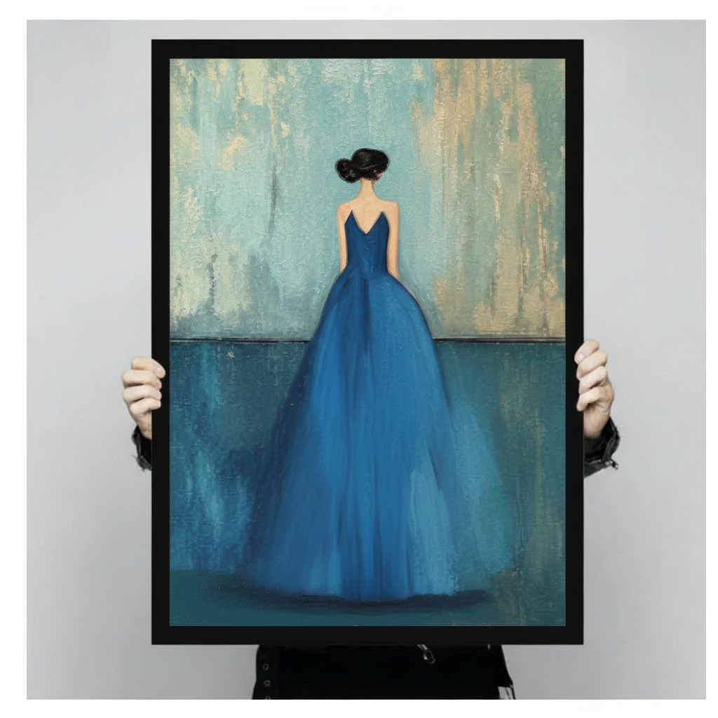 Person holding large framed modern minimalist oil painting dark-haired woman with updo viewed from behind wearing voluminous royal blue ball gown on aged teal brushstroke background canvas print with both hands - close up view of elegant woman in blue dress back view wall art with black frame finish