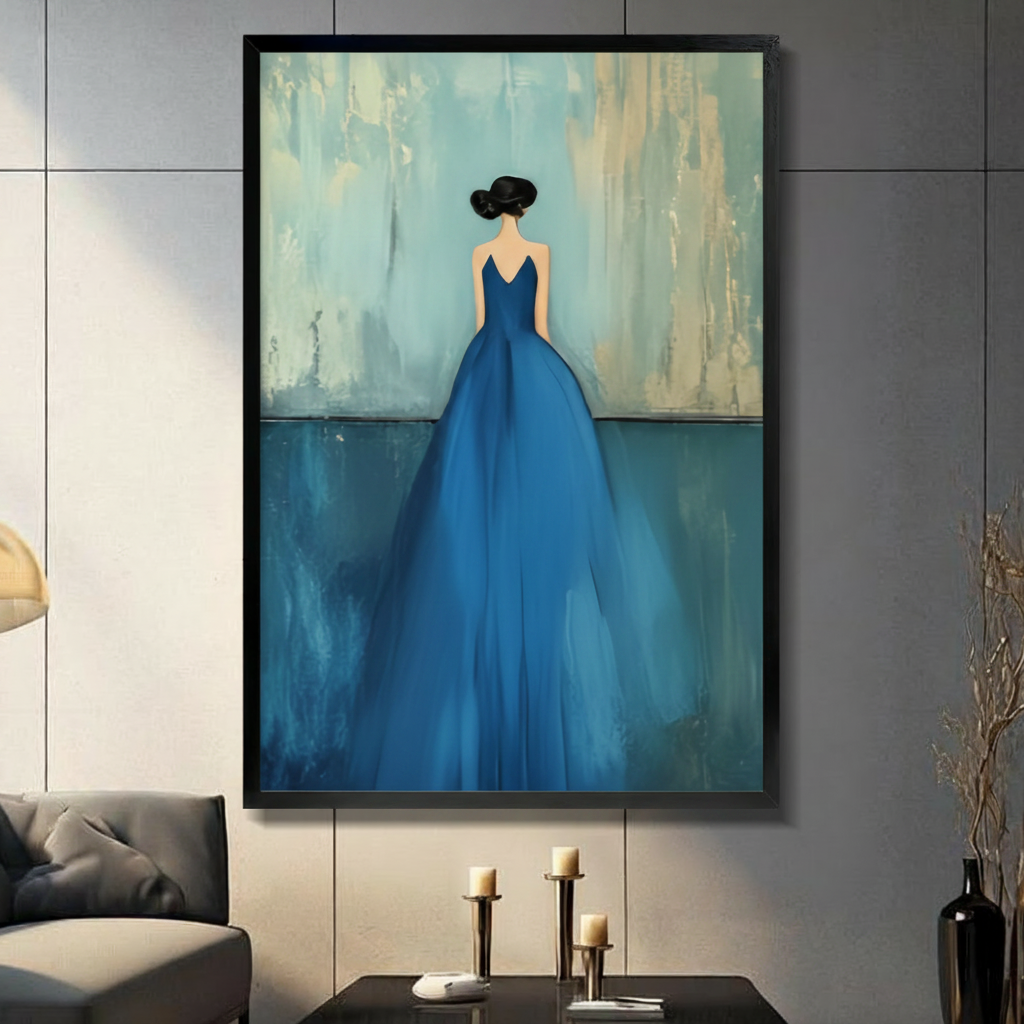 Framed modern minimalist oil painting dark-haired woman with updo viewed from behind wearing voluminous royal blue ball gown on aged teal brushstroke background canvas print on light grey marble tile wall above dark console table with brass candlesticks in sophisticated living room - elegant woman in blue dress back view wall art for luxury contemporary home decor