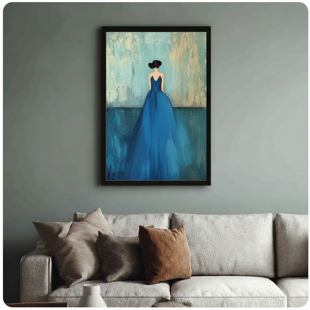 Framed modern minimalist oil painting dark-haired woman with updo viewed from behind wearing voluminous royal blue ball gown on aged teal brushstroke background canvas print above cream sofa on sage blue-grey wall - elegant woman in blue dress back view wall art for stylish living room decor