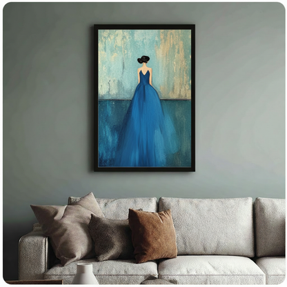 Framed modern minimalist oil painting dark-haired woman with updo viewed from behind wearing voluminous royal blue ball gown on aged teal brushstroke background canvas print above cream sofa on sage blue-grey wall - elegant woman in blue dress back view wall art for stylish living room decor
