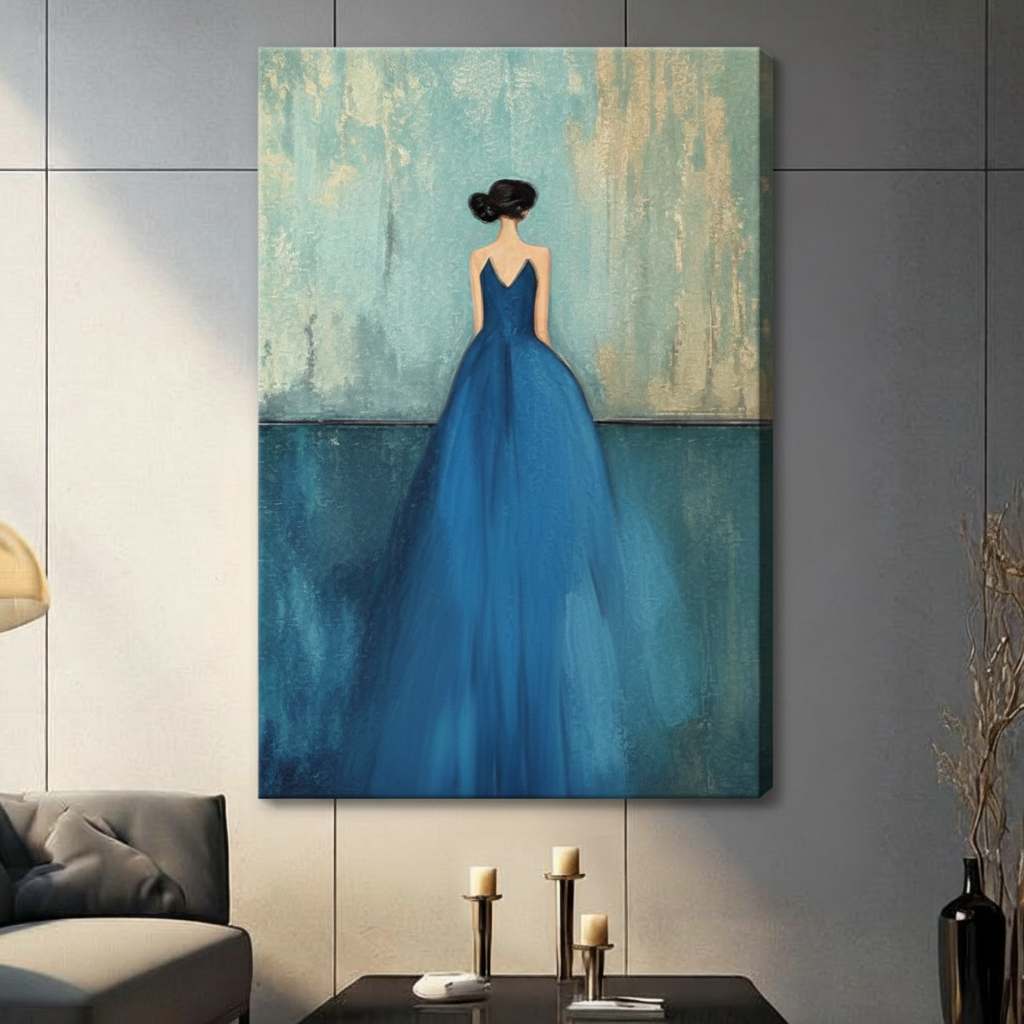 Unframed modern minimalist oil painting graceful woman with black updo seen from behind in flowing sapphire blue ball gown on distressed teal and gold textured background canvas print on dark grey tile wall in contemporary living room - dreamy woman in blue dress back view wall art for modern interior decor