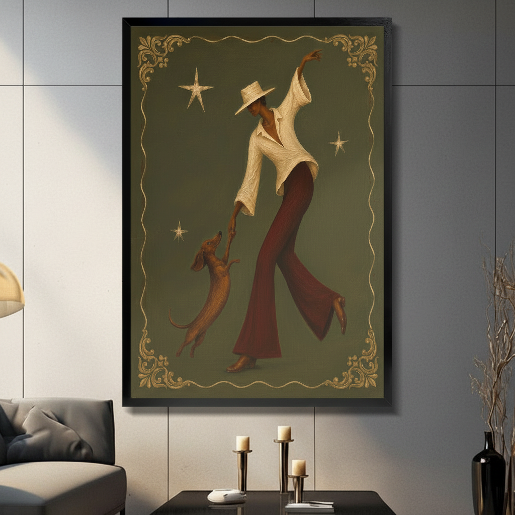 Framed wall art print of an elegant woman in a wide-brim hat dancing with a dachshund dog amid gold stars and ornate border, displayed in a modern living room