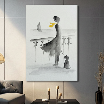 Gallery-wrapped canvas print featuring a minimalist watercolor woman with dog at a coastal balcony, styled in a contemporary dark living room