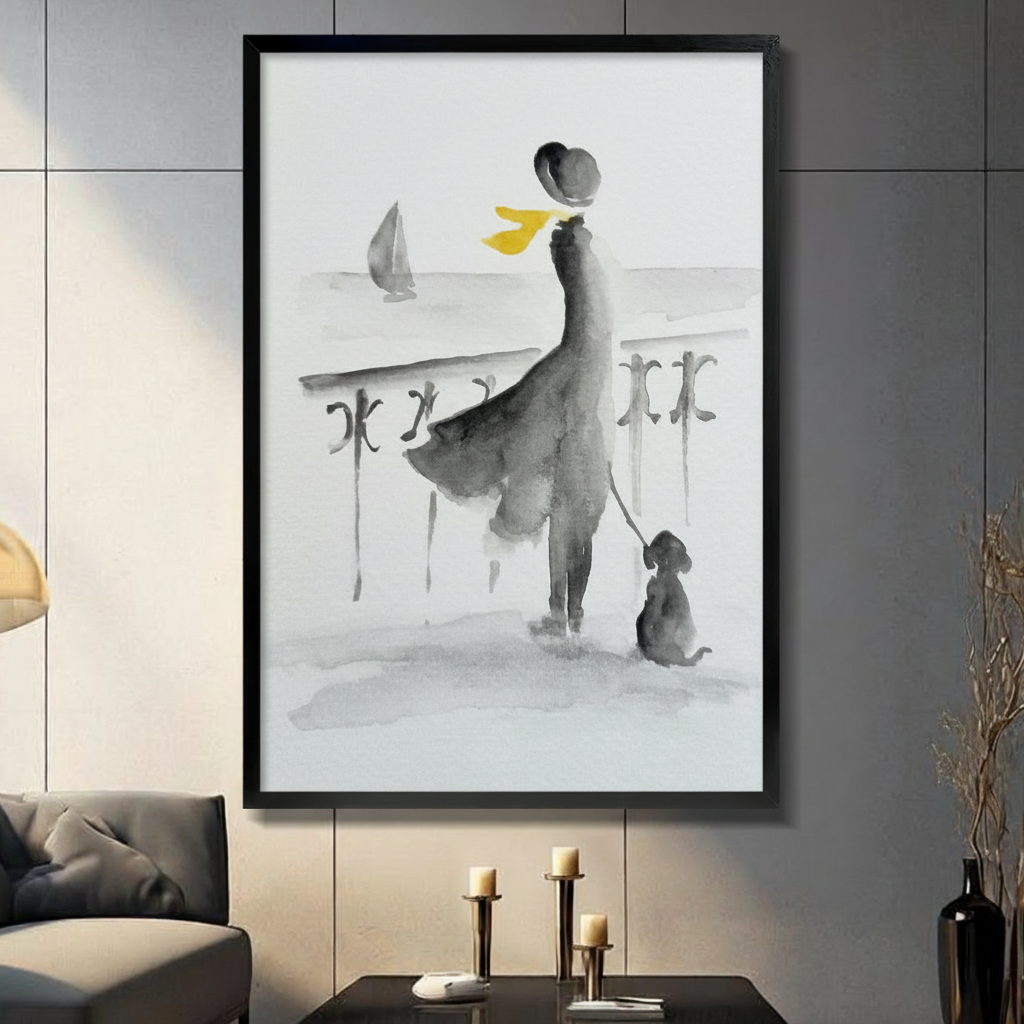 Framed watercolor wall art of an elegant woman with yellow scarf and dog by seaside balcony, displayed in a dark modern living room