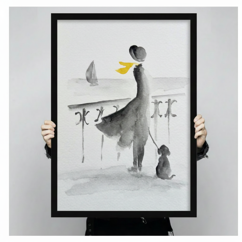 Close-up hand-held view of a black-framed watercolor canvas print showing an elegant woman with yellow scarf and dog at a seaside railing