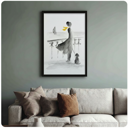 Framed watercolor art print of a woman in flowing dress with dog by the sea, hung above a neutral linen sofa on a sage green wall