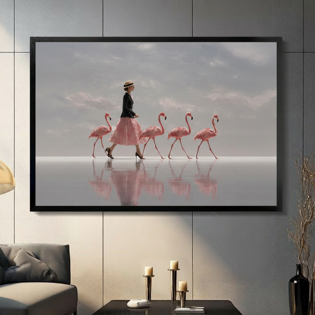 Framed canvas wall art depicting an elegant woman in a pink skirt and straw hat walking alongside four pink flamingos on a misty reflective surface, displayed in a modern living room