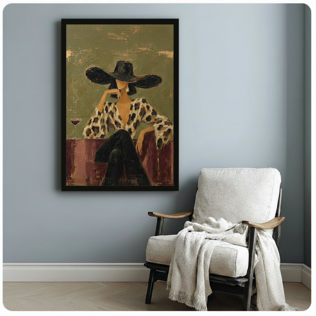 Framed figurative wall art print of a stylish woman in oversized black hat and leopard blouse, hung above armchair in light blue room