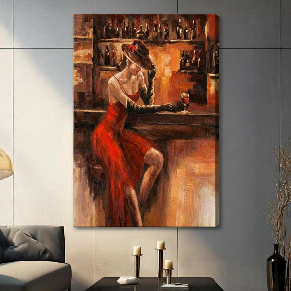 Red dress bar scene canvas print hanging above dark console table with candles