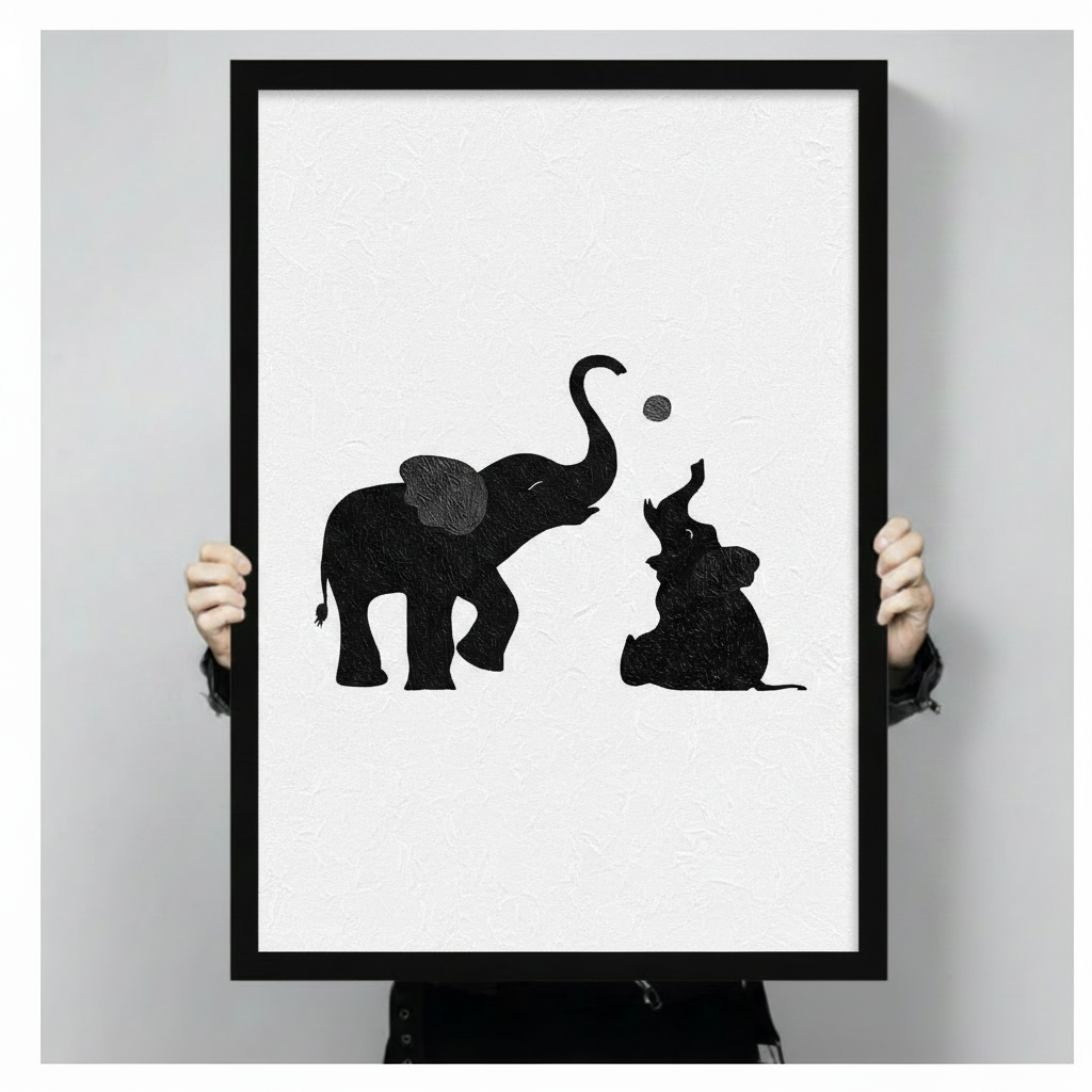 Hand-held display of black and white framed canvas art showing a mother elephant and baby elephant playing with a ball, minimalist oil painting style with textured finish