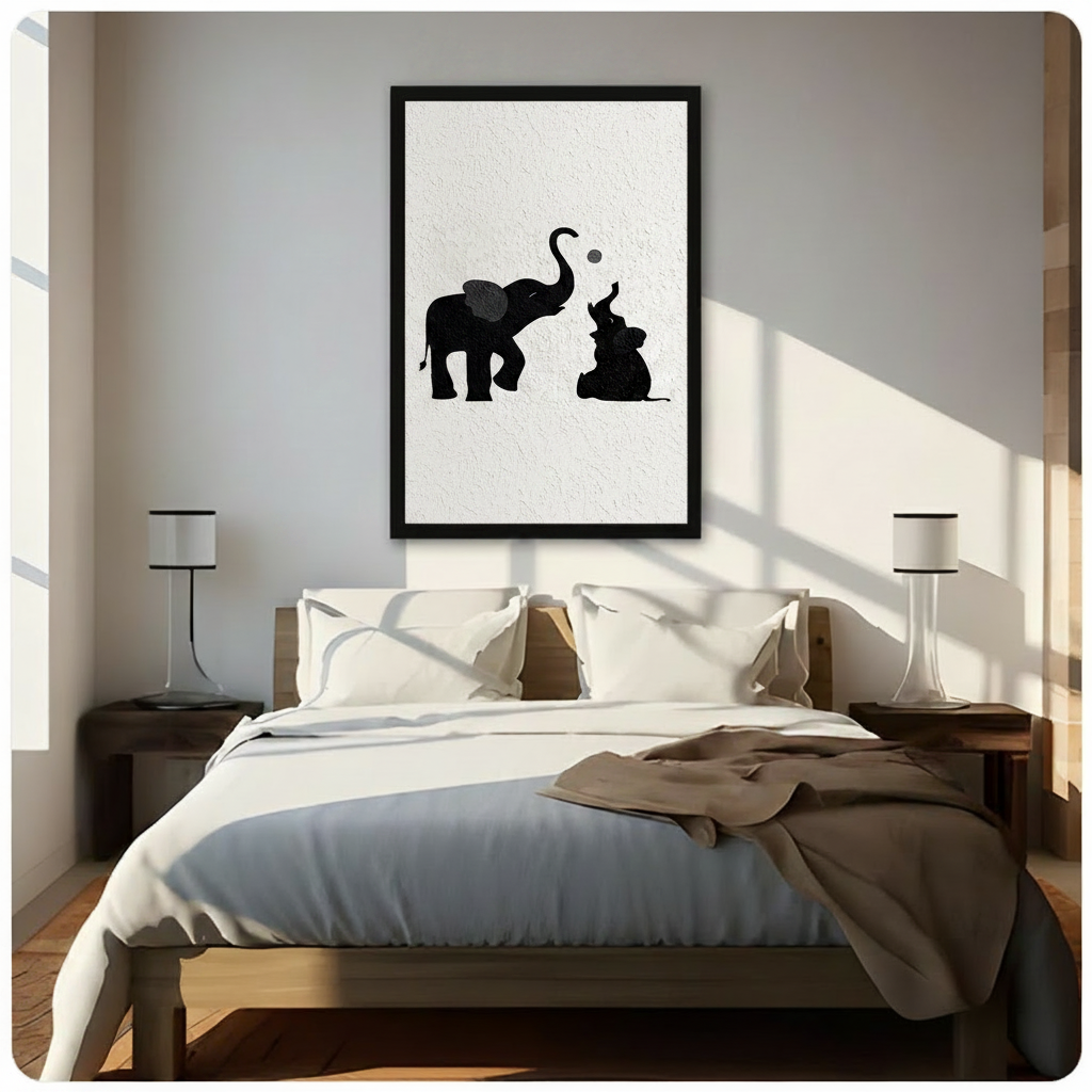Black framed canvas wall art with black and white elephant painting hung above a wooden bed in a bright Scandinavian-style bedroom with natural sunlight