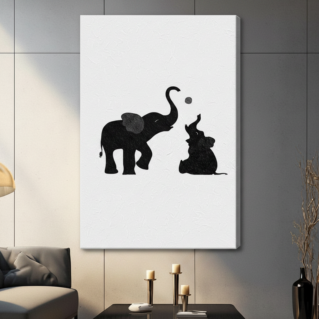 Gallery wrap canvas wall art with black and white minimalist elephant duo painting, frameless design with visible canvas edges, hung in a contemporary living room setting