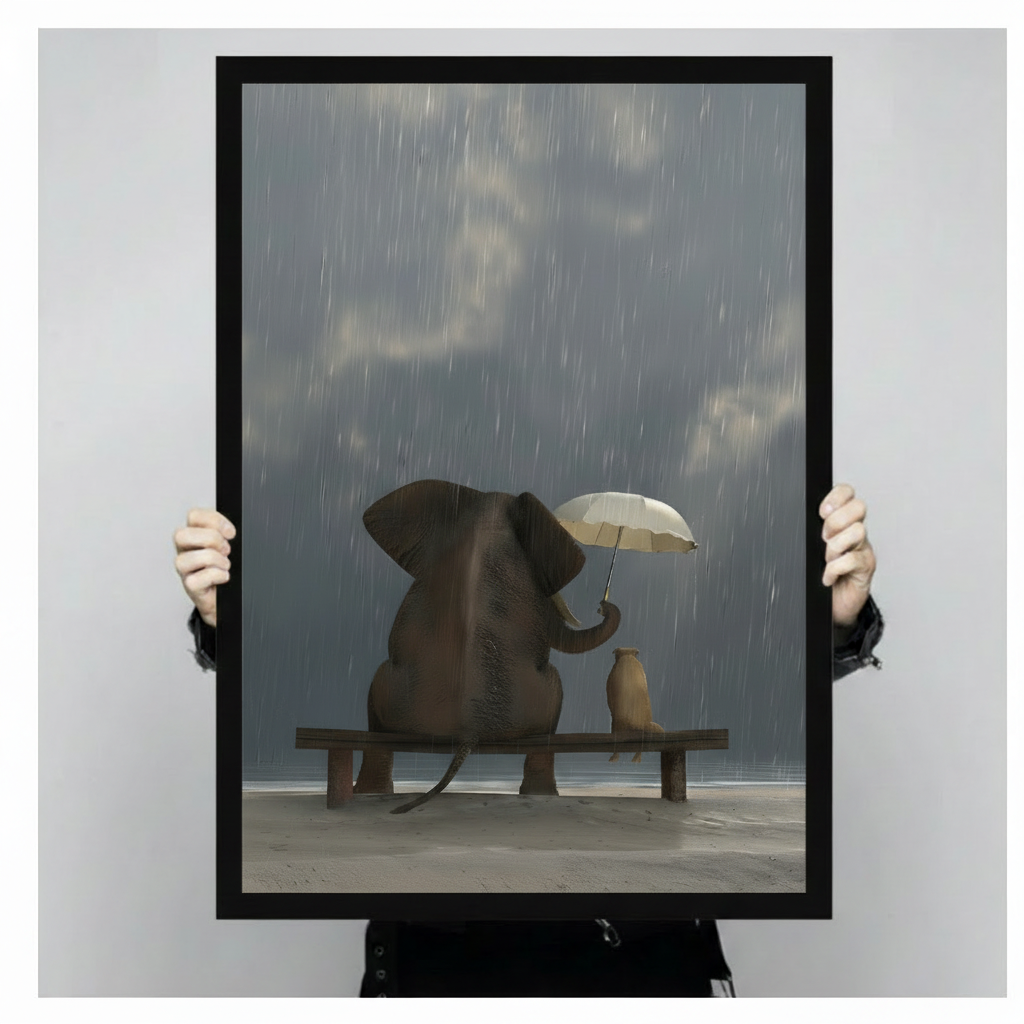 Person holding a black framed canvas print of elephant sheltering a dog in the rain, premium wall art product display shot