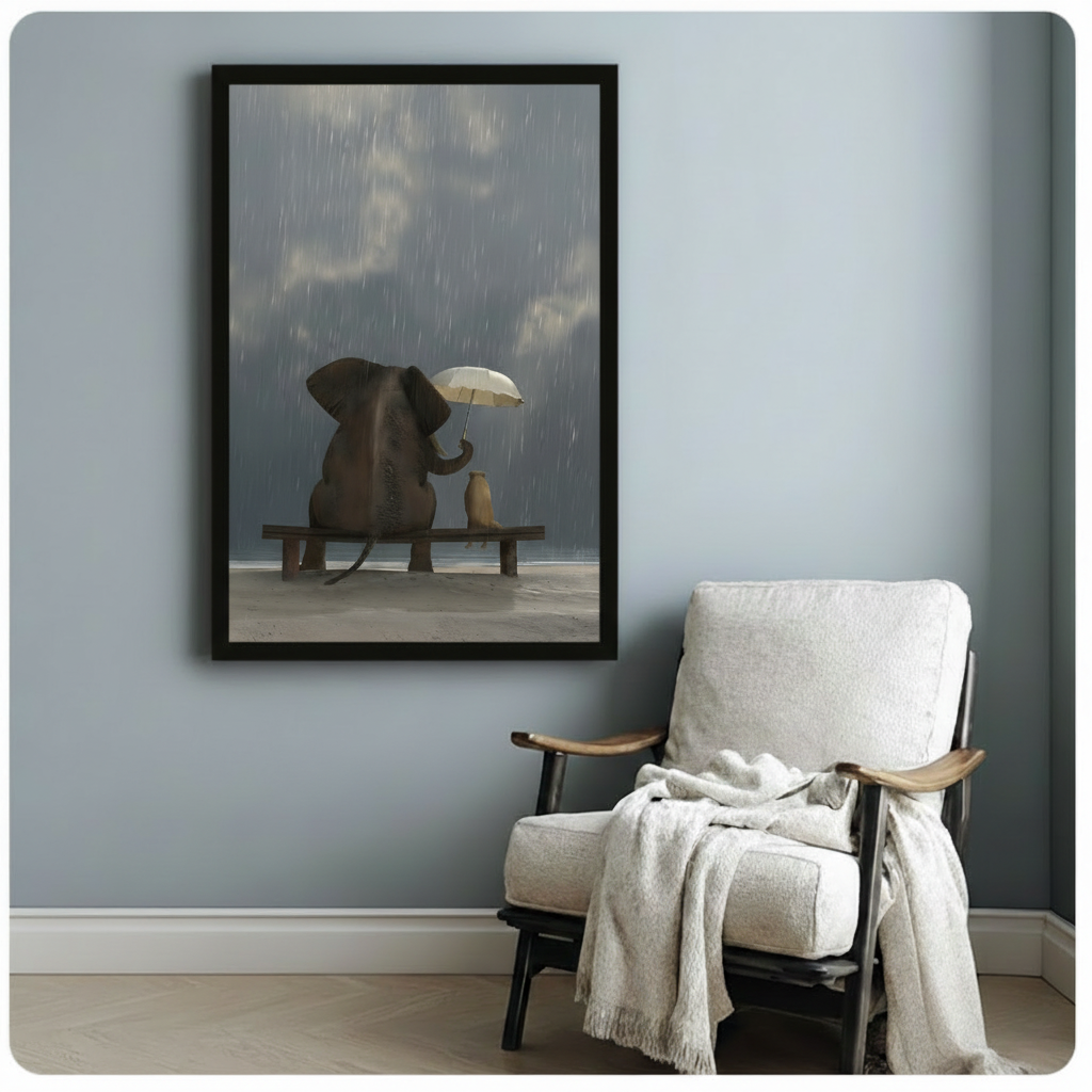 Framed elephant and dog umbrella painting on a blue-grey wall beside a white armchair, cozy bedroom or reading nook wall art