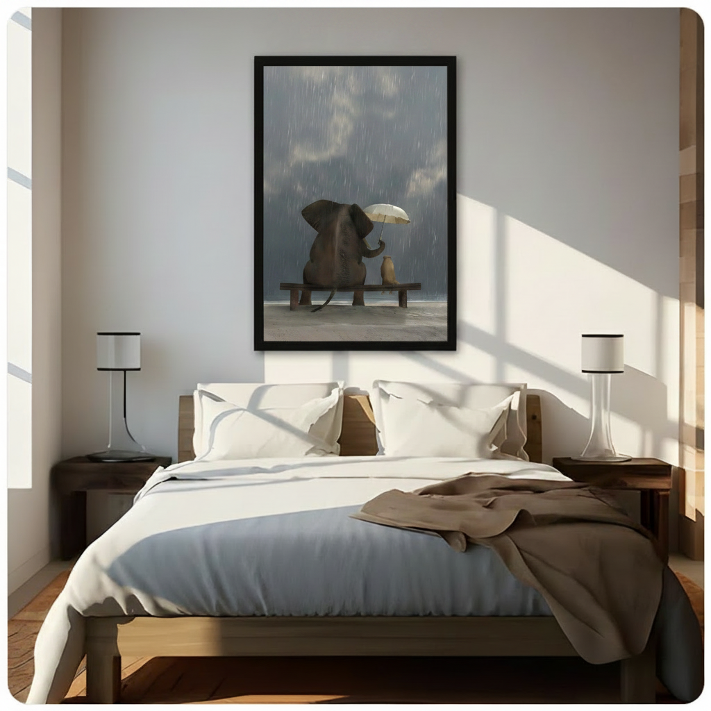 Black framed elephant and dog rain bench canvas art above a wooden bed with white bedding, serene bedroom wall decor inspiration
